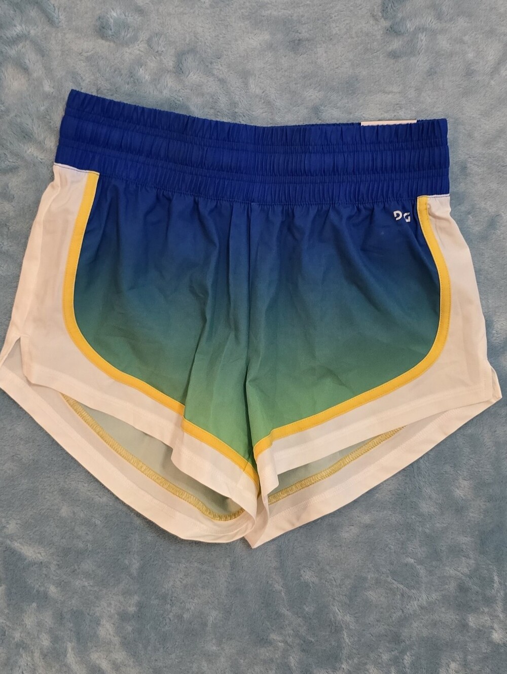 DSG Womens XS High Rise Blue-to-Green Ombre Athletic Shorts with Yellow Trim